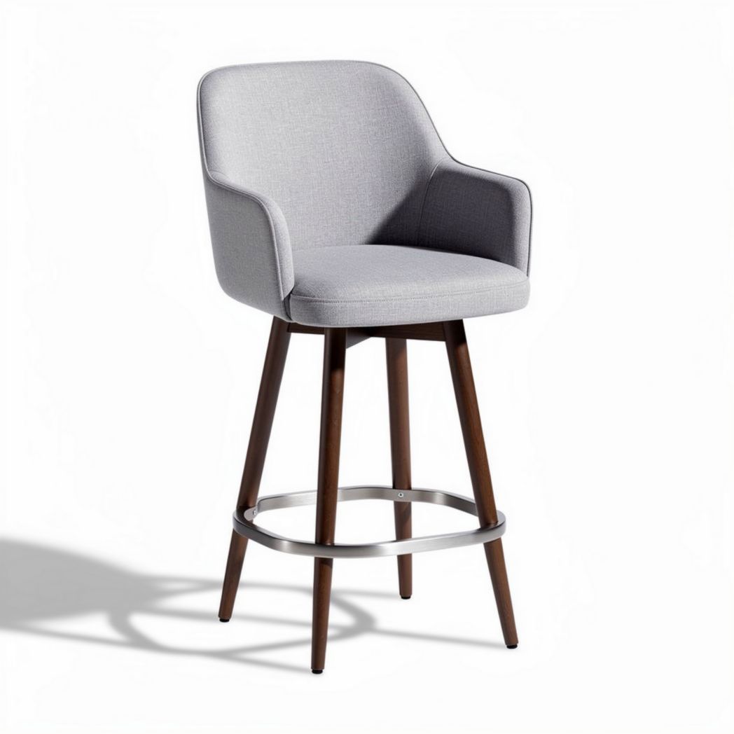 Silla de bar tapizada en tela gris con patas de madera 80 x 50 x 110cm