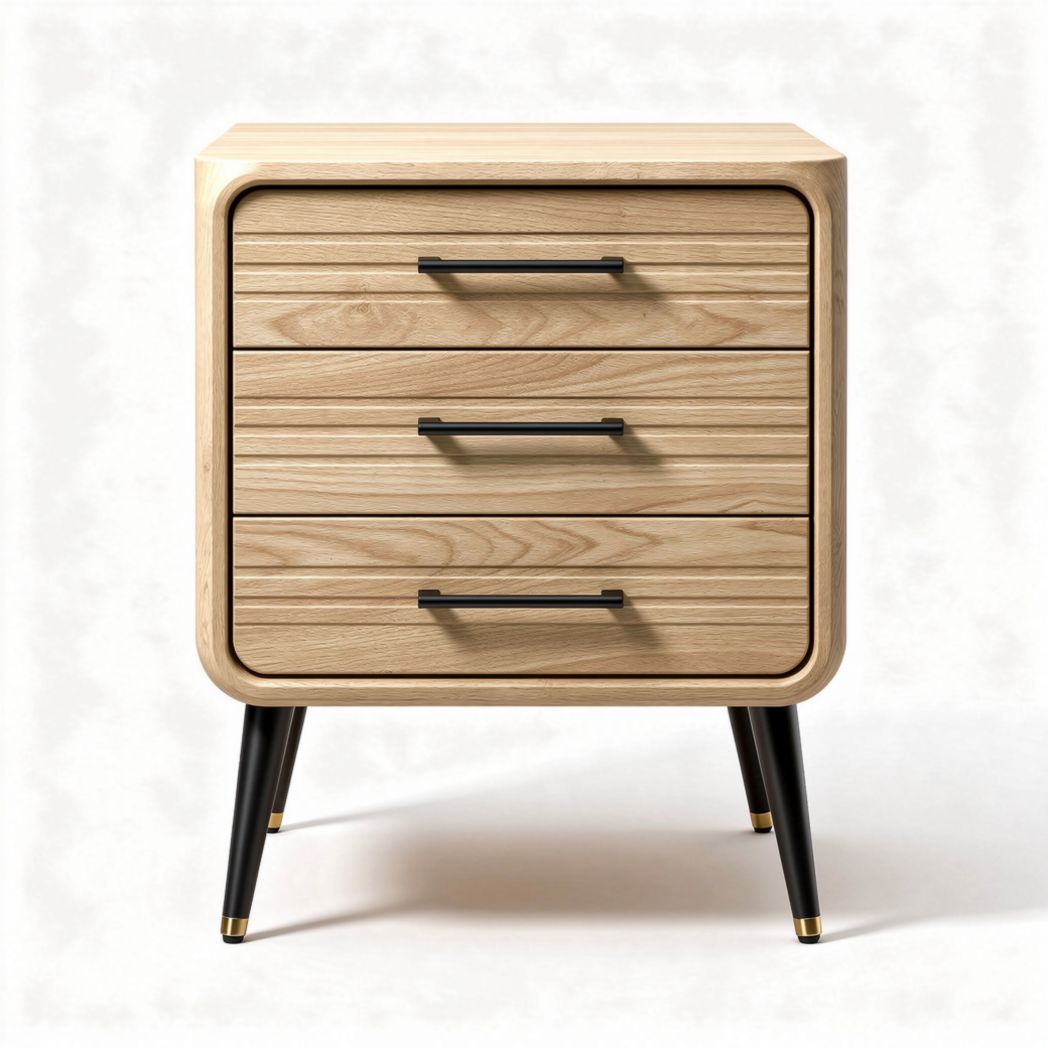 Mesa de noche de madera clara con tres cajones y patas de metal negro 45 x 40 x 60cm